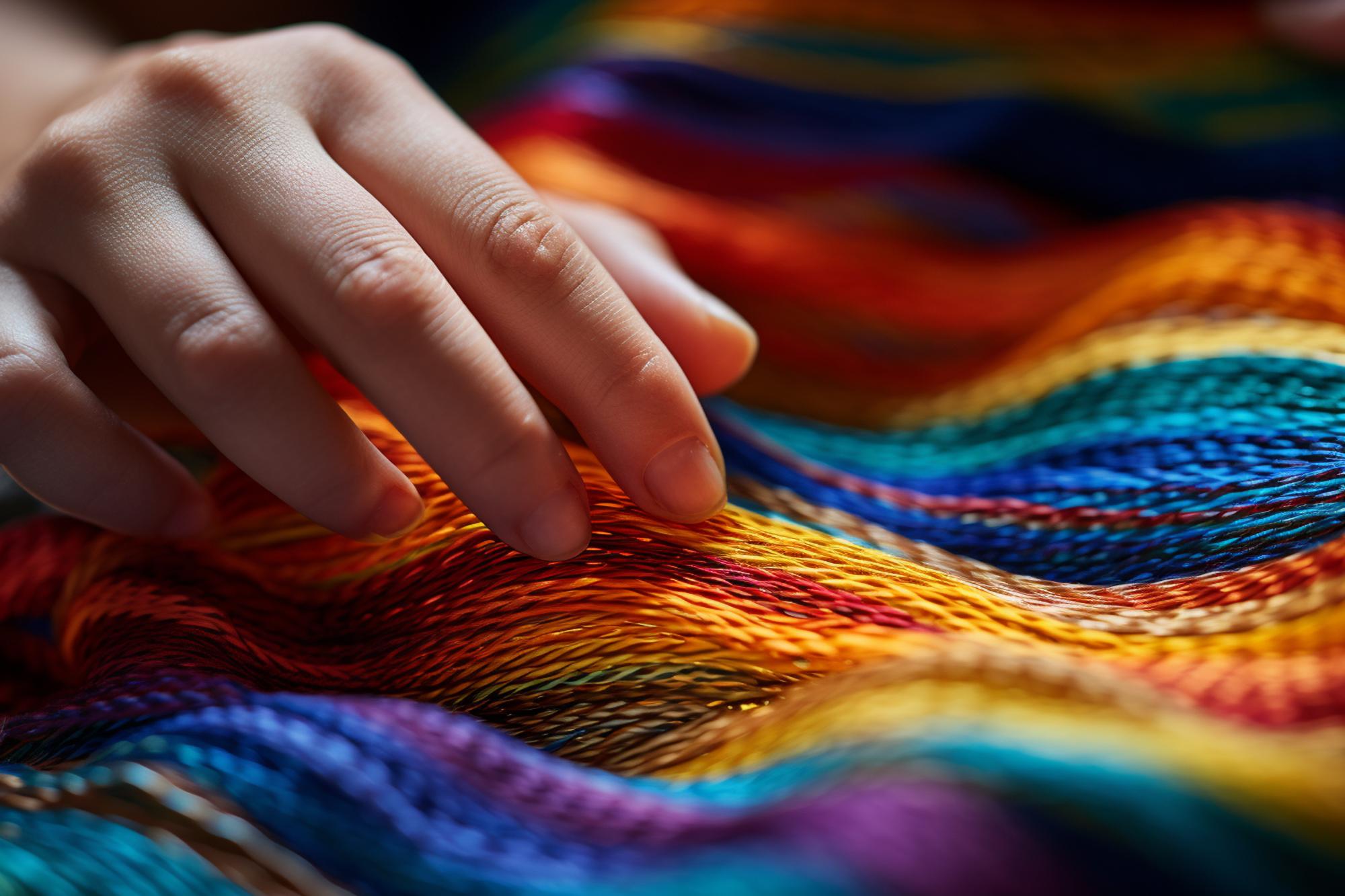 close-up of hand embroidery on linen with colorful threads